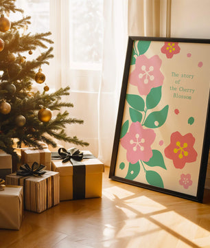 Florale Illustration mit Kirschblüten und grünen Blättern