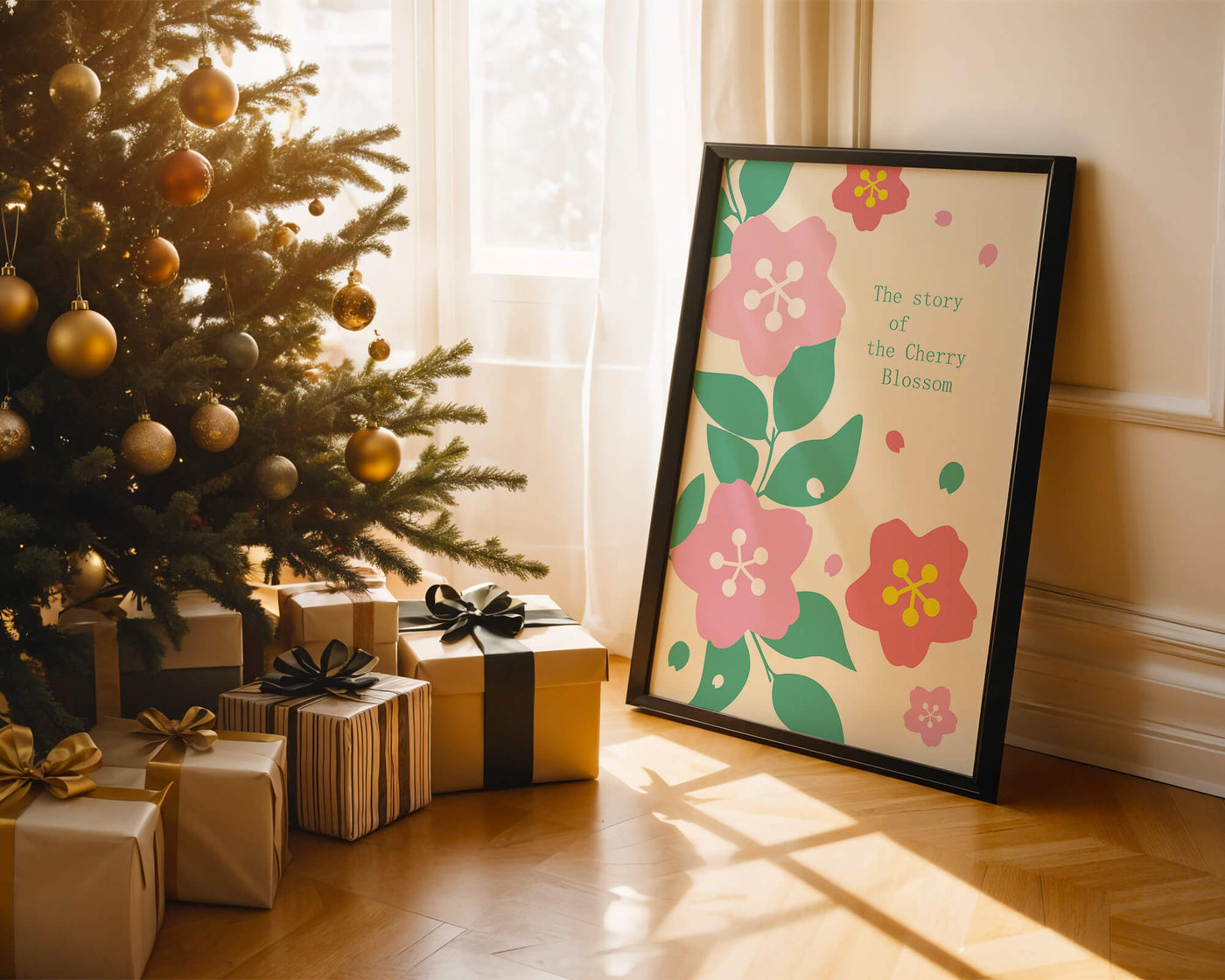 Floral illustration with cherry blossoms and green leaves
