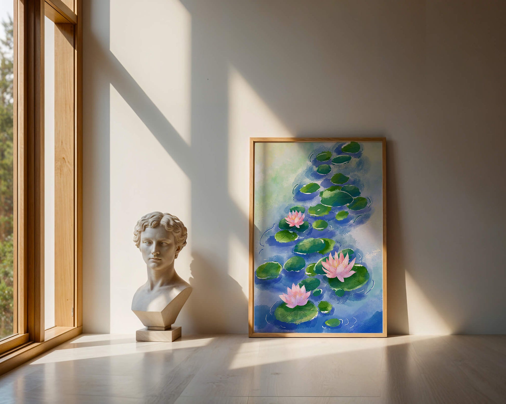 Escena acuática serena con flores de loto rosadas y nenúfares sobre una superficie de agua tranquila.