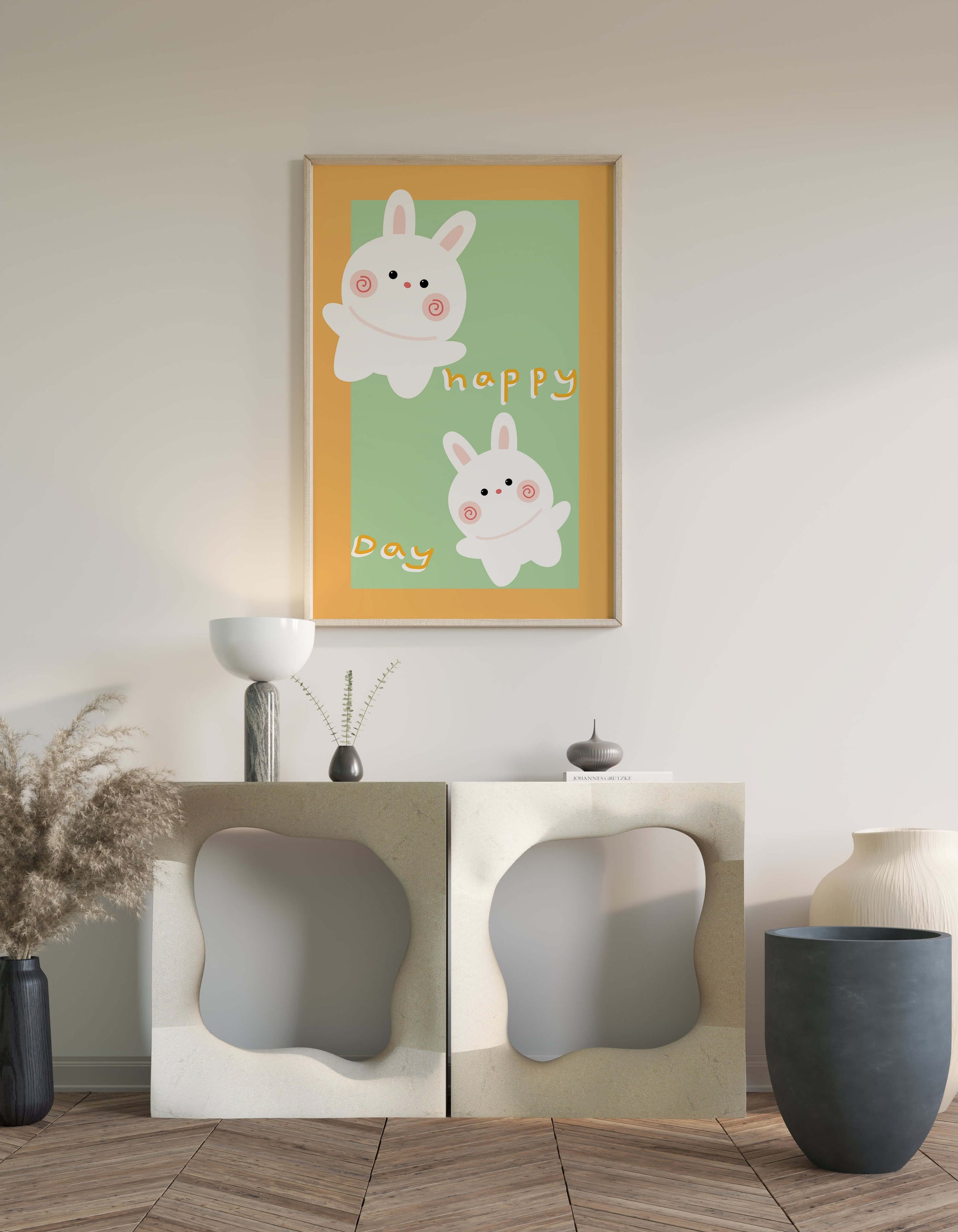Conejos de dibujos animados juguetones con mensaje de día feliz sobre fondo colorido