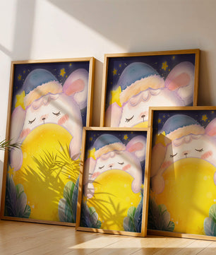 Sleepy rabbit with starry hat holding a glowing ball in a dreamy night scene