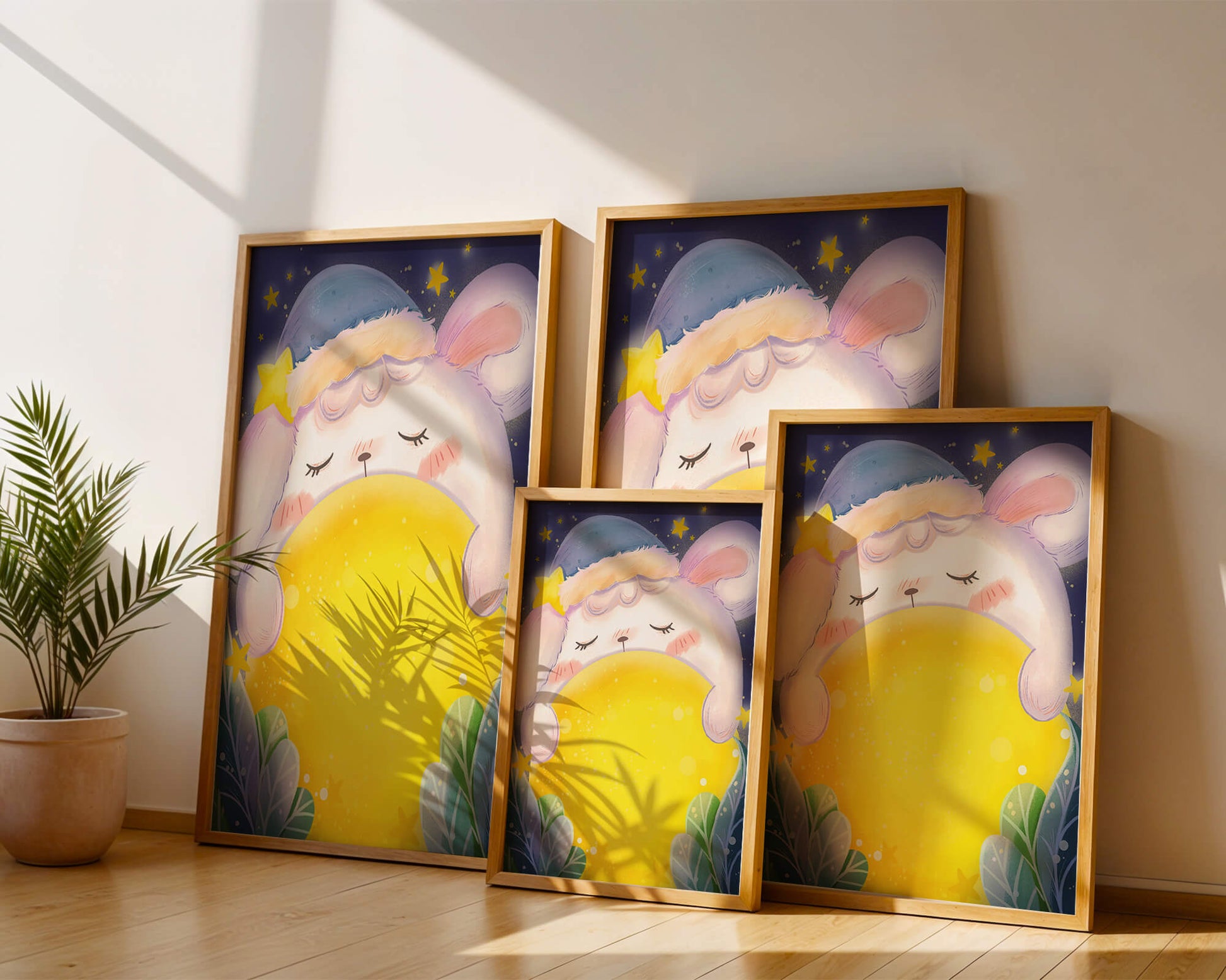 Sleepy rabbit with starry hat holding a glowing ball in a dreamy night scene
