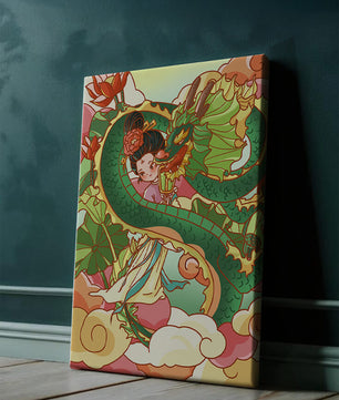 Heitere künstlerische Darstellung eines Mädchens mit einem majestätischen Drachen inmitten von Wolken und Lotusblumen