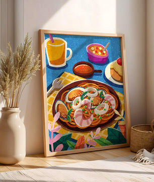 Escena ilustrativa de desayuno colorida con pasta y bebidas