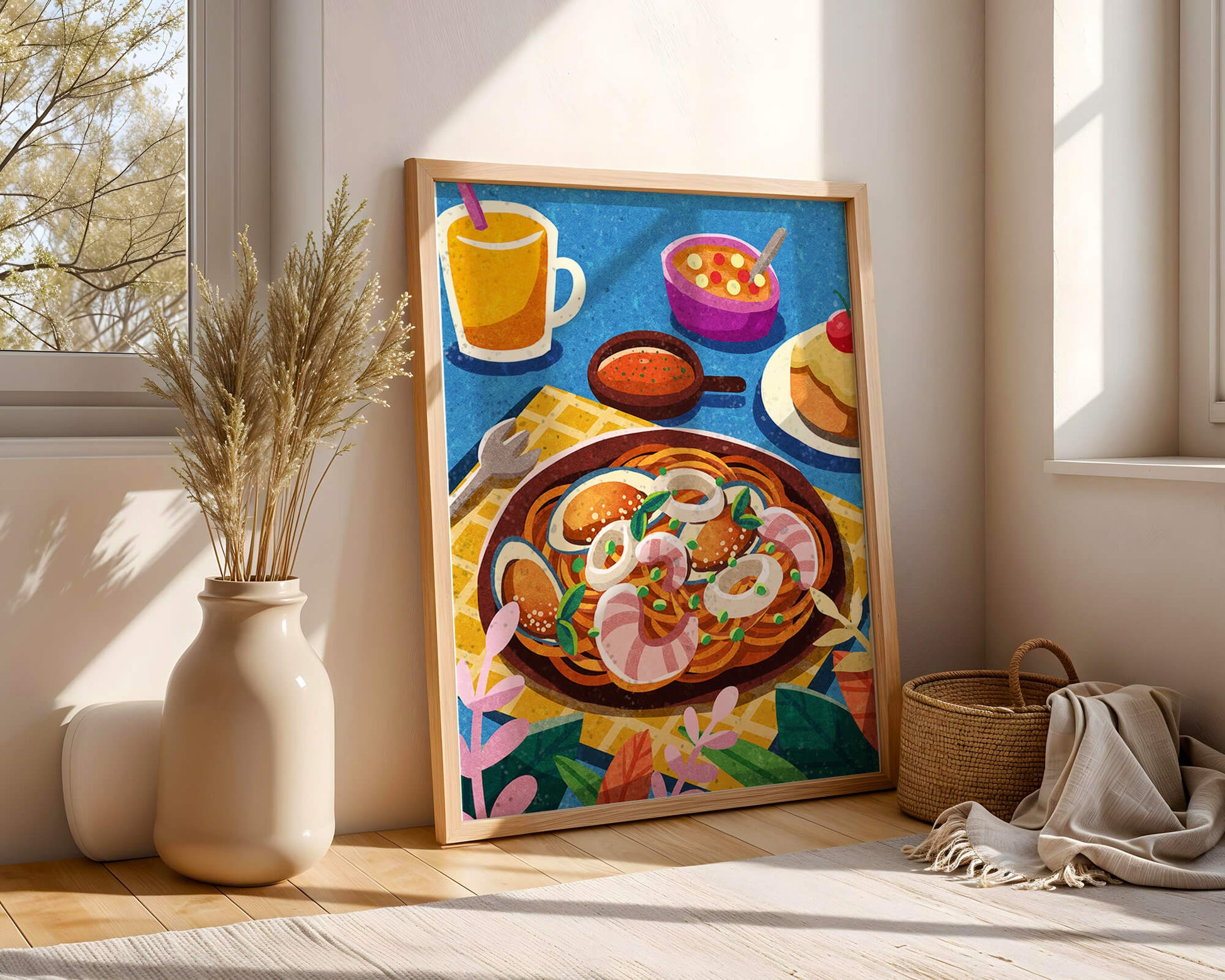 Colorful Illustrative Breakfast Scene with Pasta and Drinks