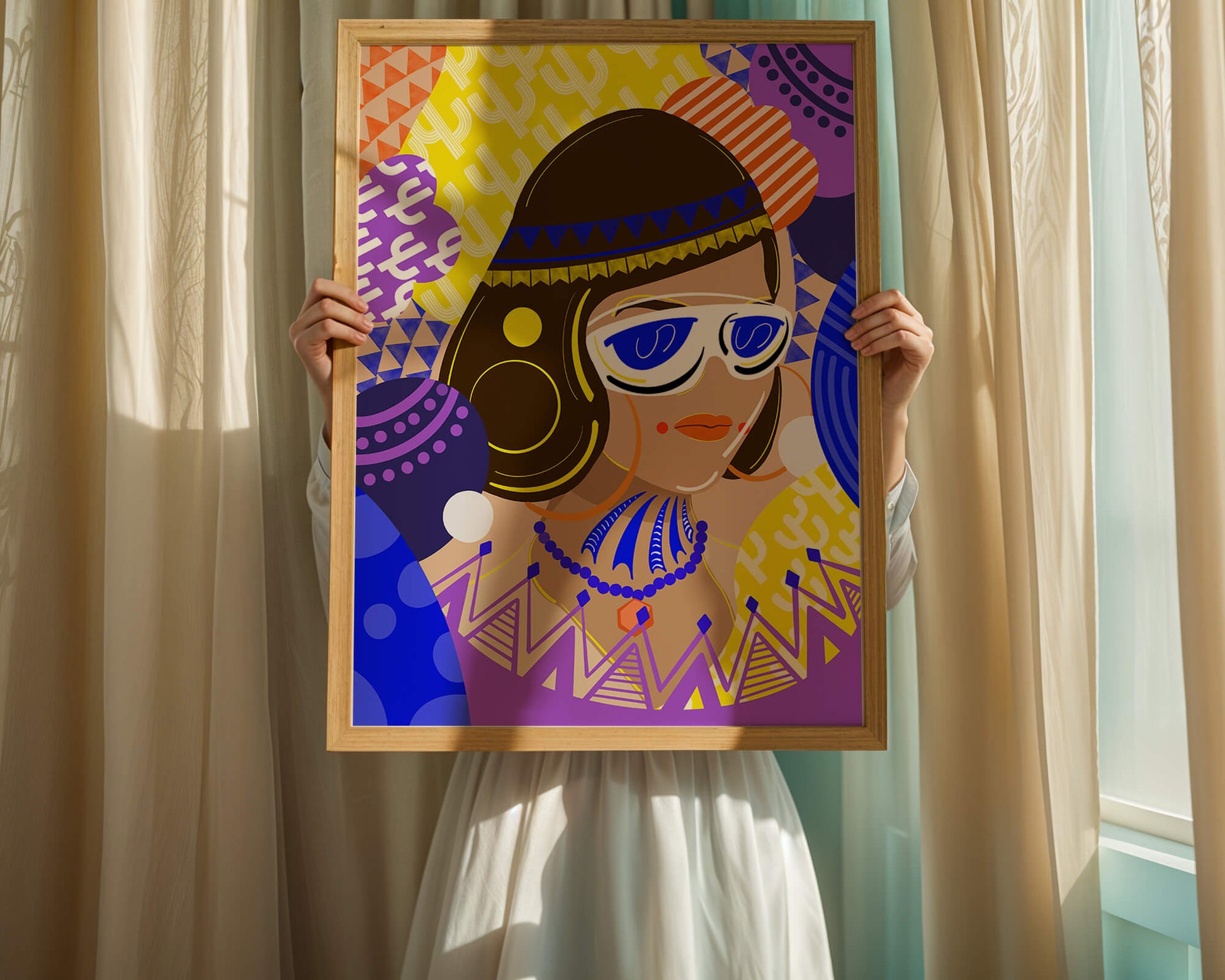 Portrait abstrait coloré avec des motifs géométriques vibrants