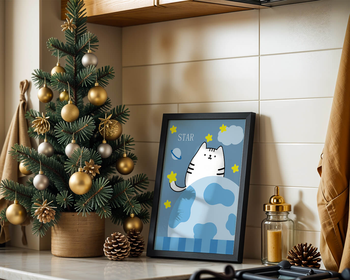 Illustration of a cute cat in space with stars and planets