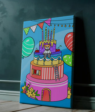 Colorful birthday cake with teddy bear and festive decorations