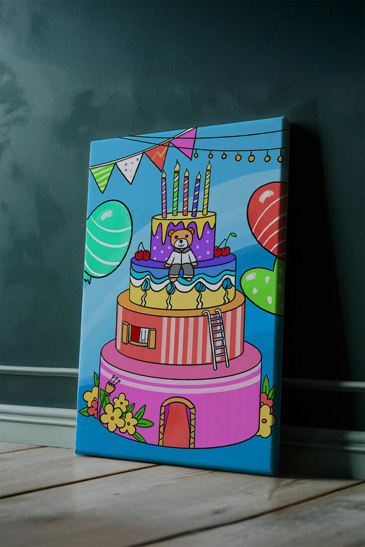 Colorful birthday cake with teddy bear and festive decorations