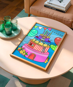 Colorful birthday cake with teddy bear and festive decorations