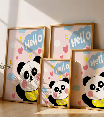Panda illustration with playful elements and pastel colors