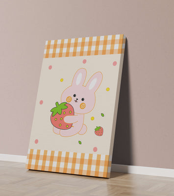 Adorable bunny holding strawberry illustration with gingham pattern