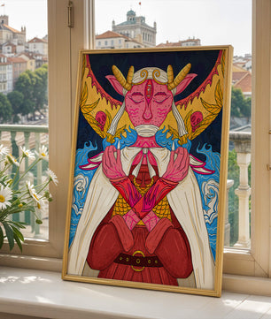 Surreal illustration of a mystical creature with golden horns and vibrant elements