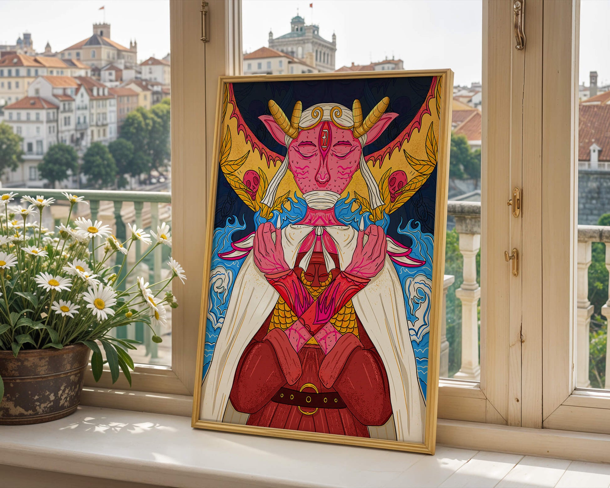 Surreal illustration of a mystical creature with golden horns and vibrant elements