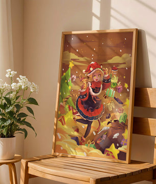 Festive anime character surrounded by gifts and holiday decor