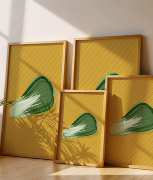 Illustrated bok choy on vibrant yellow background with stripes