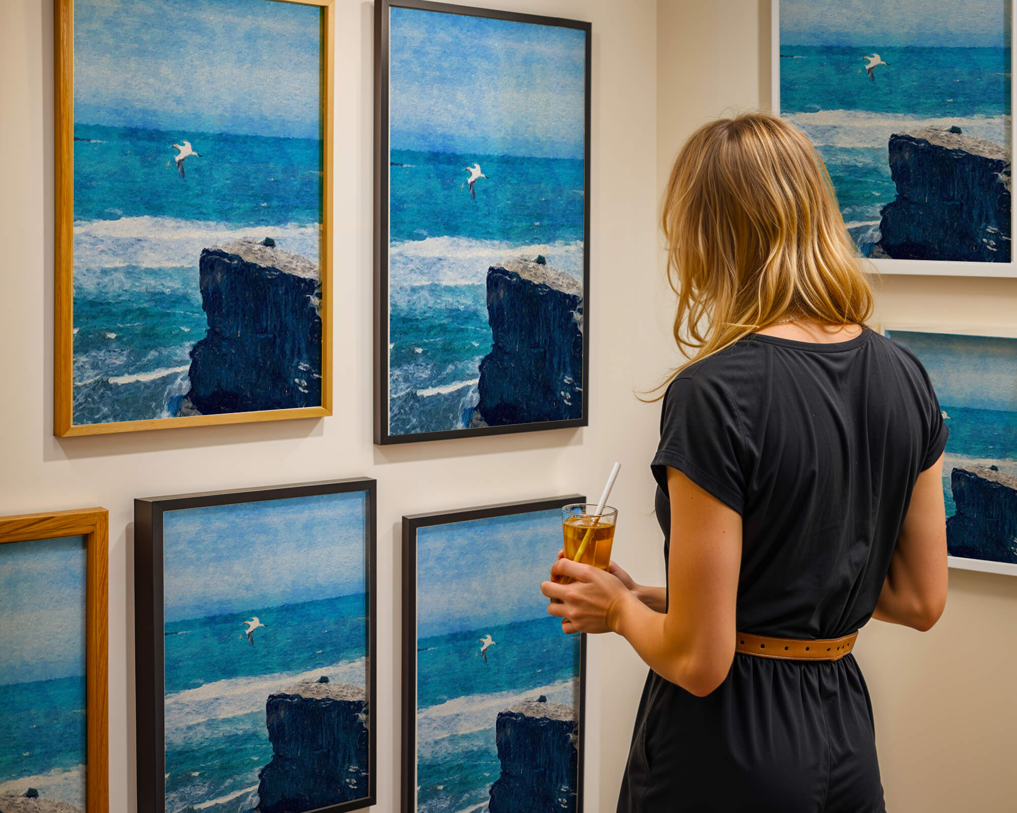 Seascape with soaring seagull over rocky cliff and ocean waves