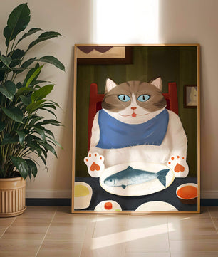 Ilustración de un gato comiendo con pescado y babero azul