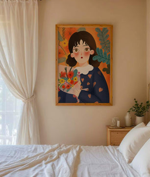 Ilustración colorida de una chica con flores rodeada de un fondo floral vibrante