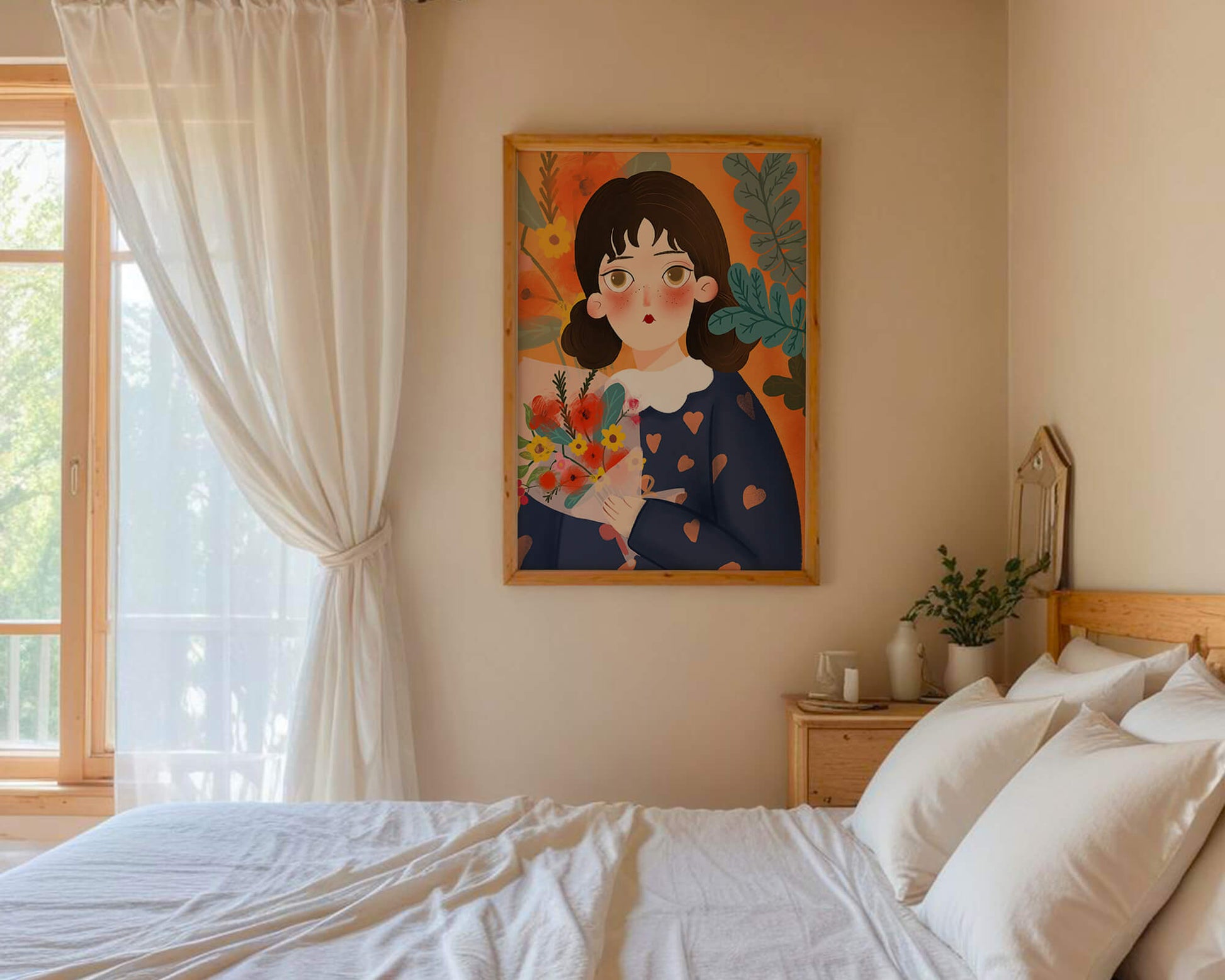 Ilustración colorida de una niña con flores rodeada de un fondo floral vibrante.