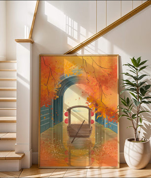 Serene autumn scene with archway and wooden boat