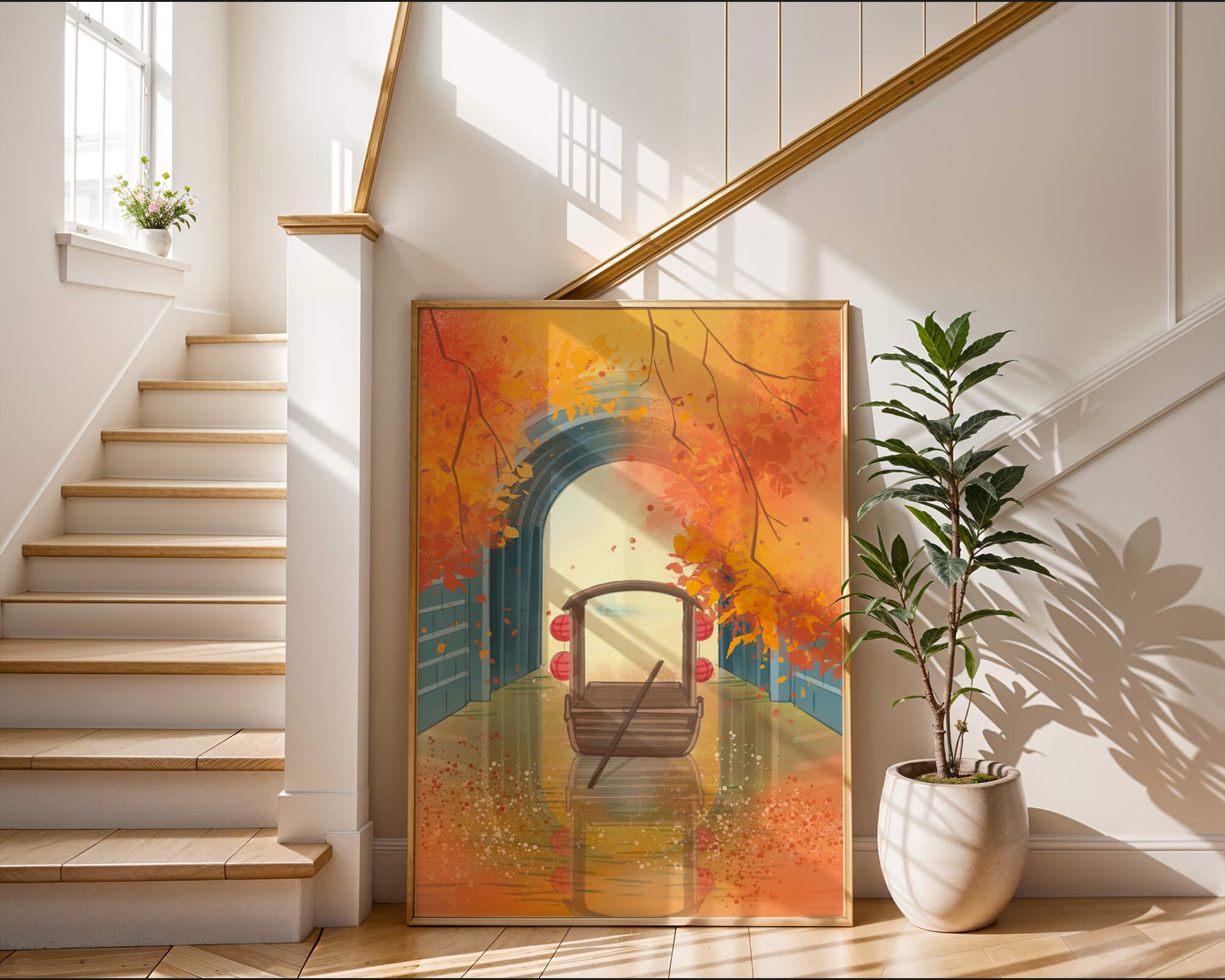 Serene autumn scene with archway and wooden boat