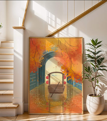 Serene autumn scene with archway and wooden boat