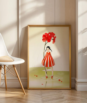 Young girl holding large red flower standing in puddle illustration