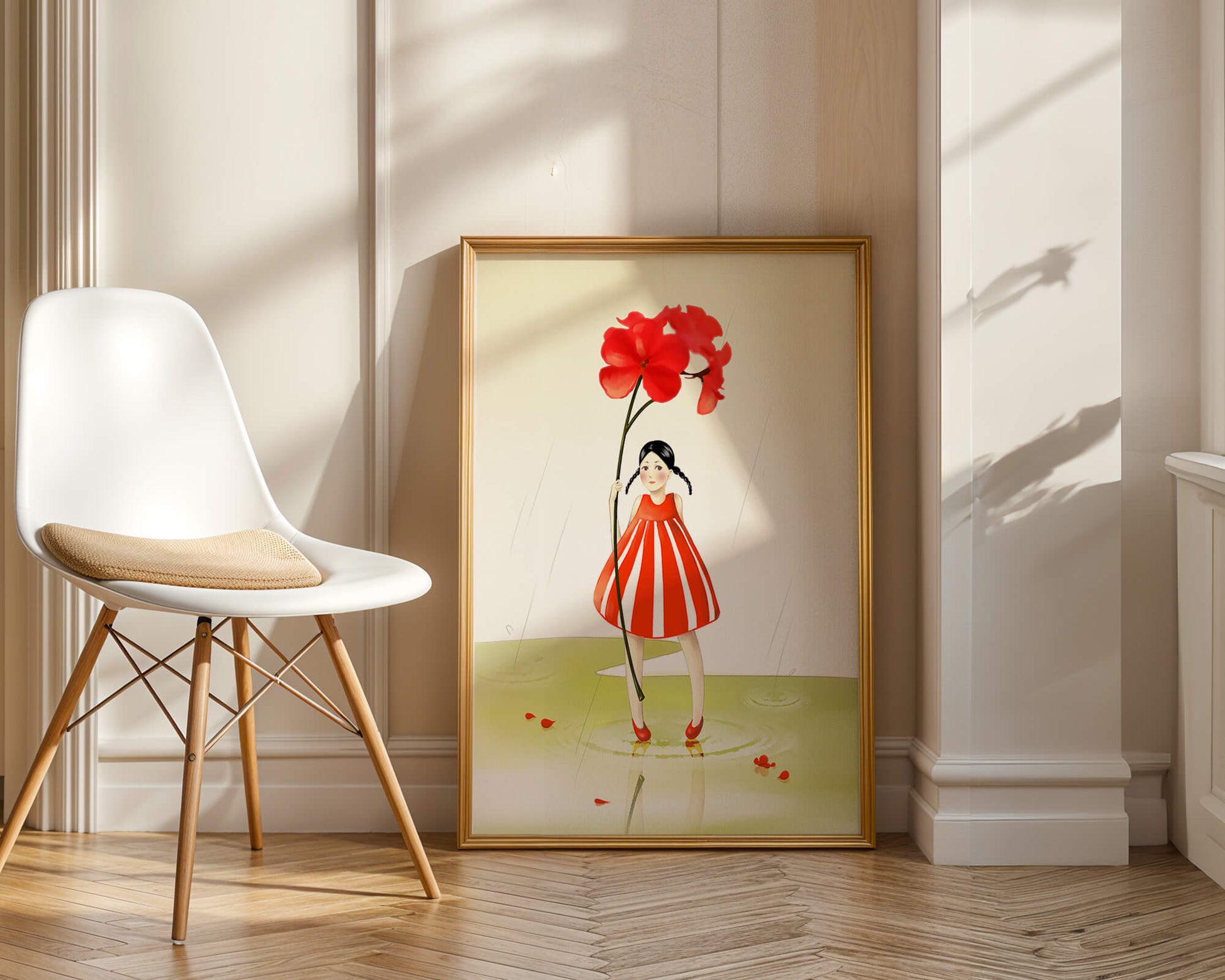 Young girl holding large red flower standing in puddle illustration