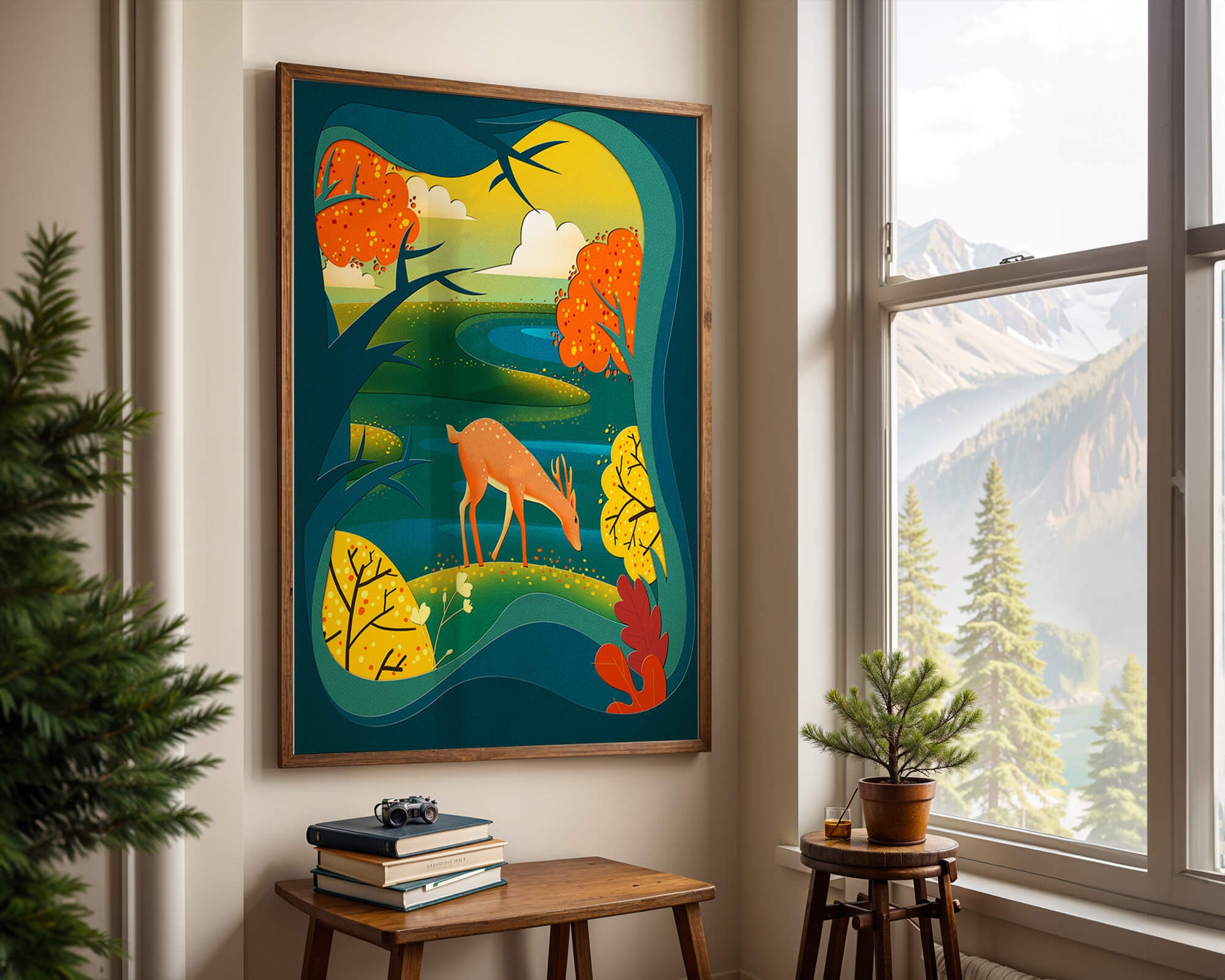 Deer in autumnal forest landscape with vibrant foliage