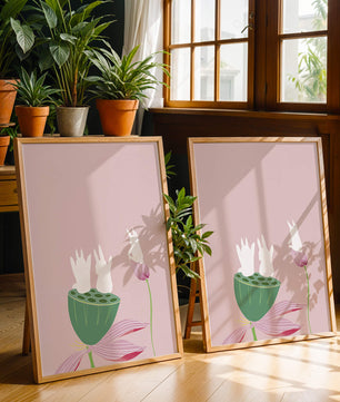 Whimsical Rabbits on Lotus with Pink Background