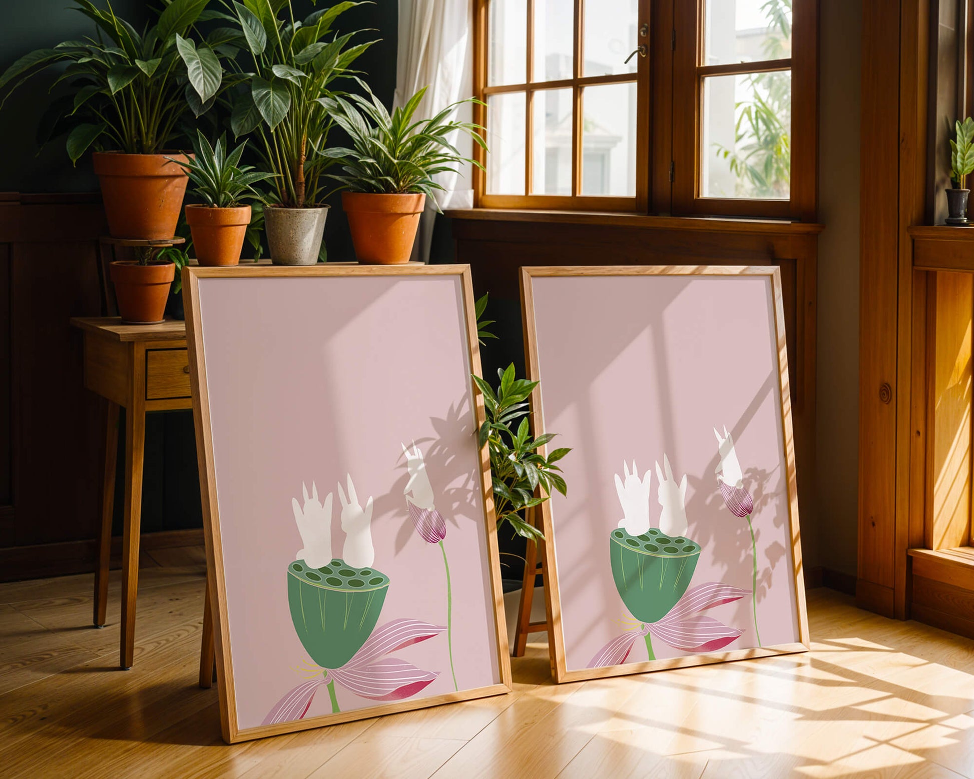 Whimsical Rabbits on Lotus with Pink Background