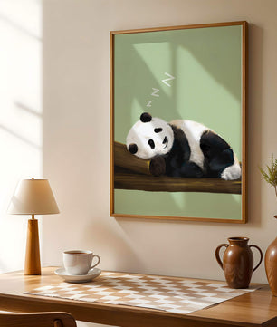 Peaceful panda resting on a log in a serene setting