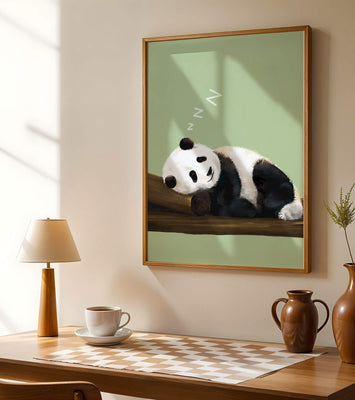 Peaceful panda resting on a log in a serene setting