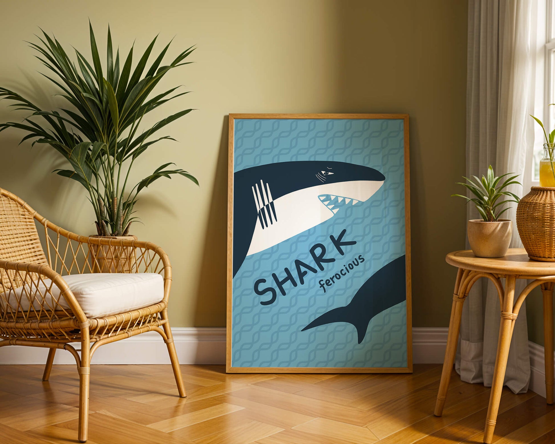 Illustrated shark graphic with blue background and typography