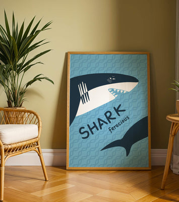 Illustrated shark graphic with blue background and typography