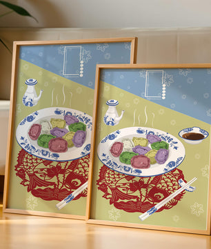 Colorful dumplings and tea set on decorative mat