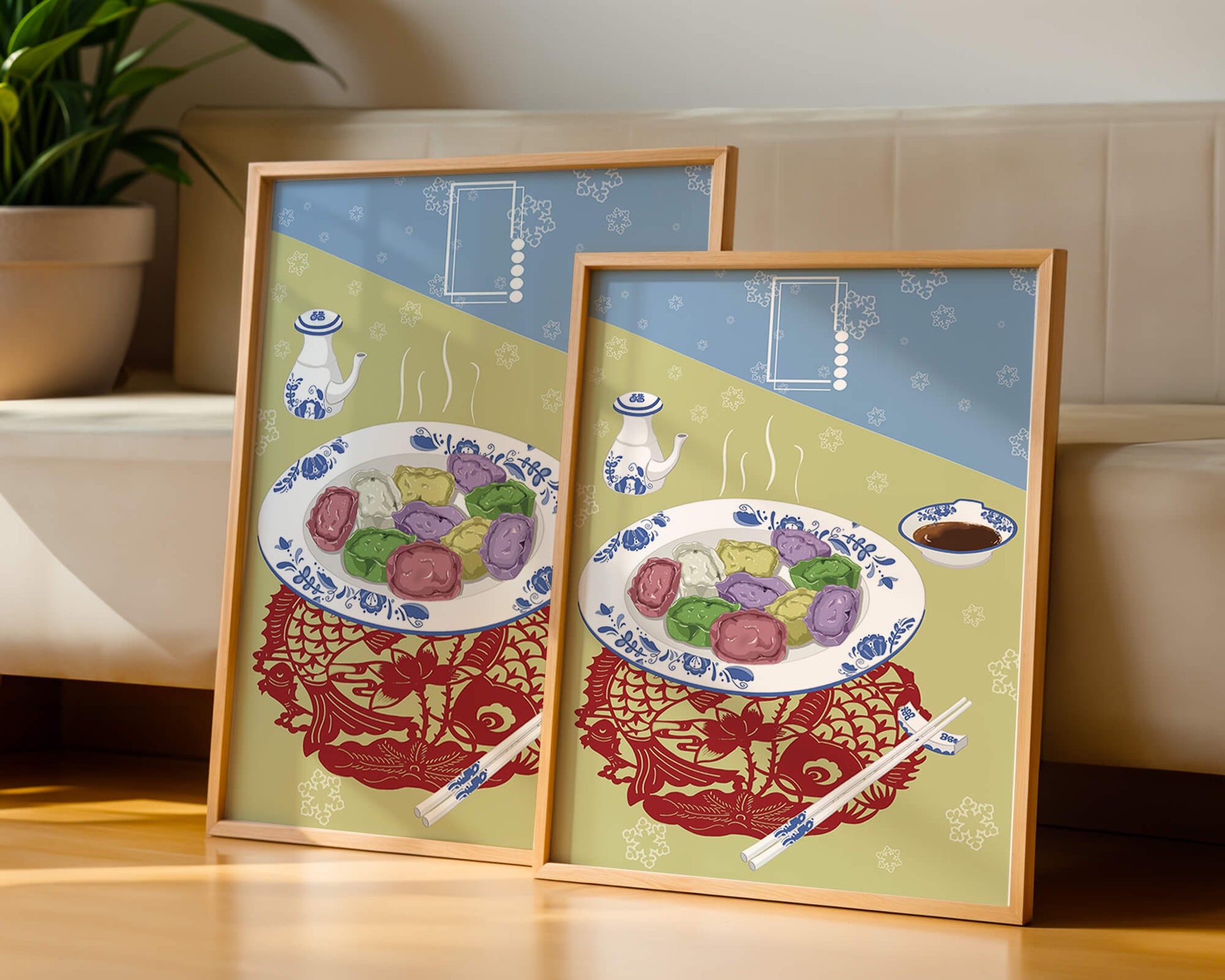 Colorful dumplings and tea set on decorative mat
