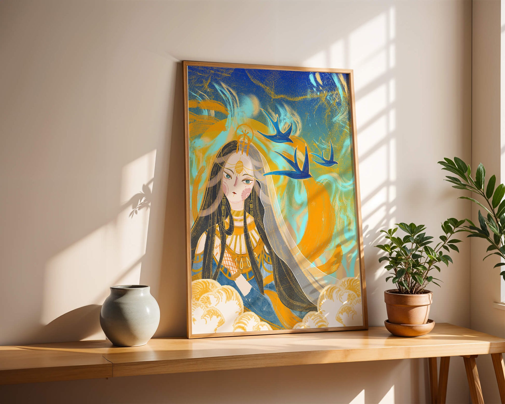 Majestic Goddess with Birds and Golden Elements in Mystical Setting