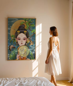 Elegante representación de una mujer con atuendo tradicional sosteniendo un abanico decorativo
