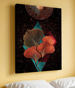 Traducción al español: Ilustración floral cósmica abstracta con elementos geométricos y acentos dorados