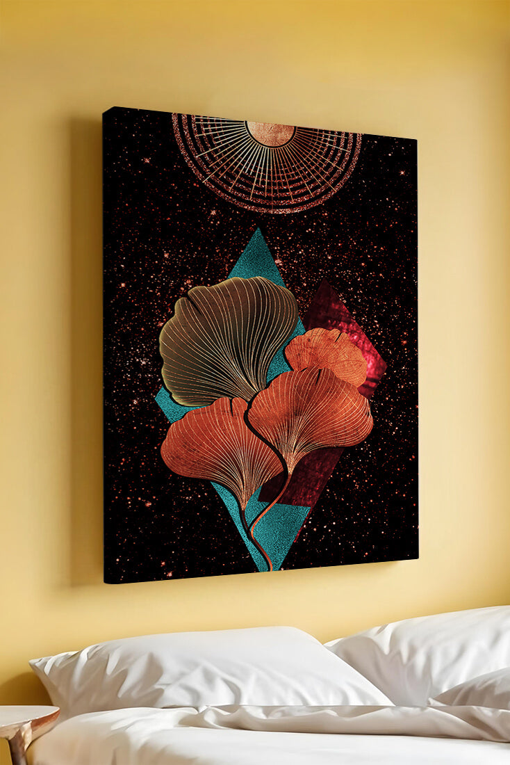 Traducción al español: Ilustración floral cósmica abstracta con elementos geométricos y acentos dorados