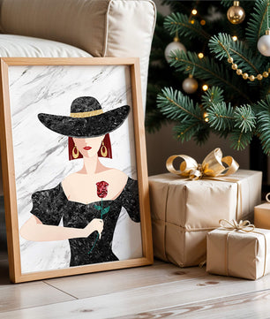 Elegante Frau mit stilvollem schwarzen Hut und roter Rose