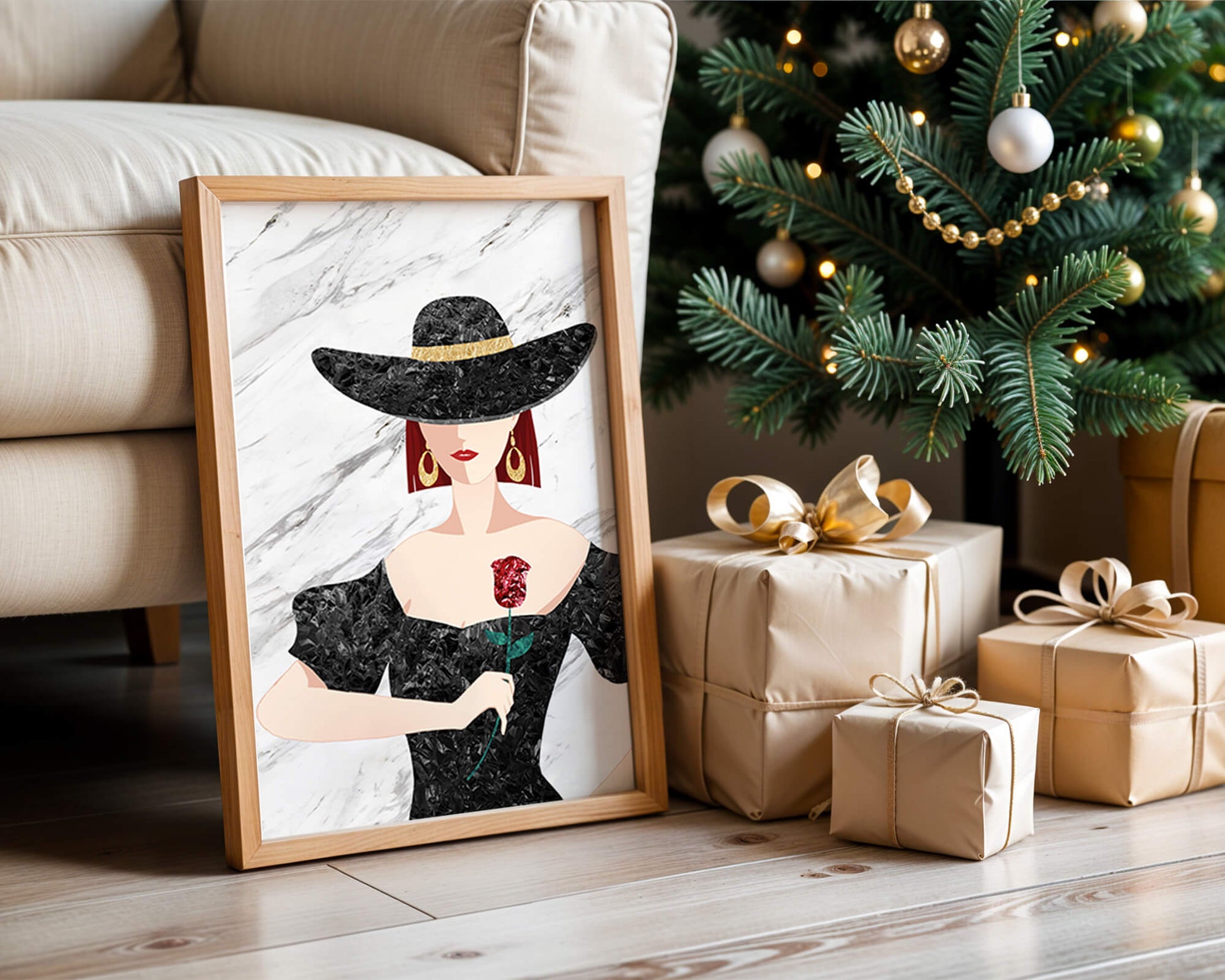 Elegante Frau mit stilvollem schwarzen Hut und roter Rose