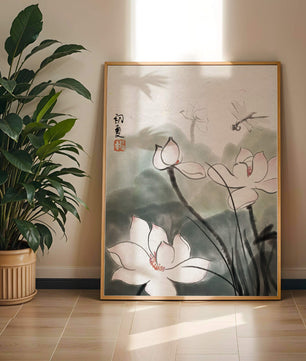 Delicate watercolor of lotus flowers with dragonfly in serene atmosphere