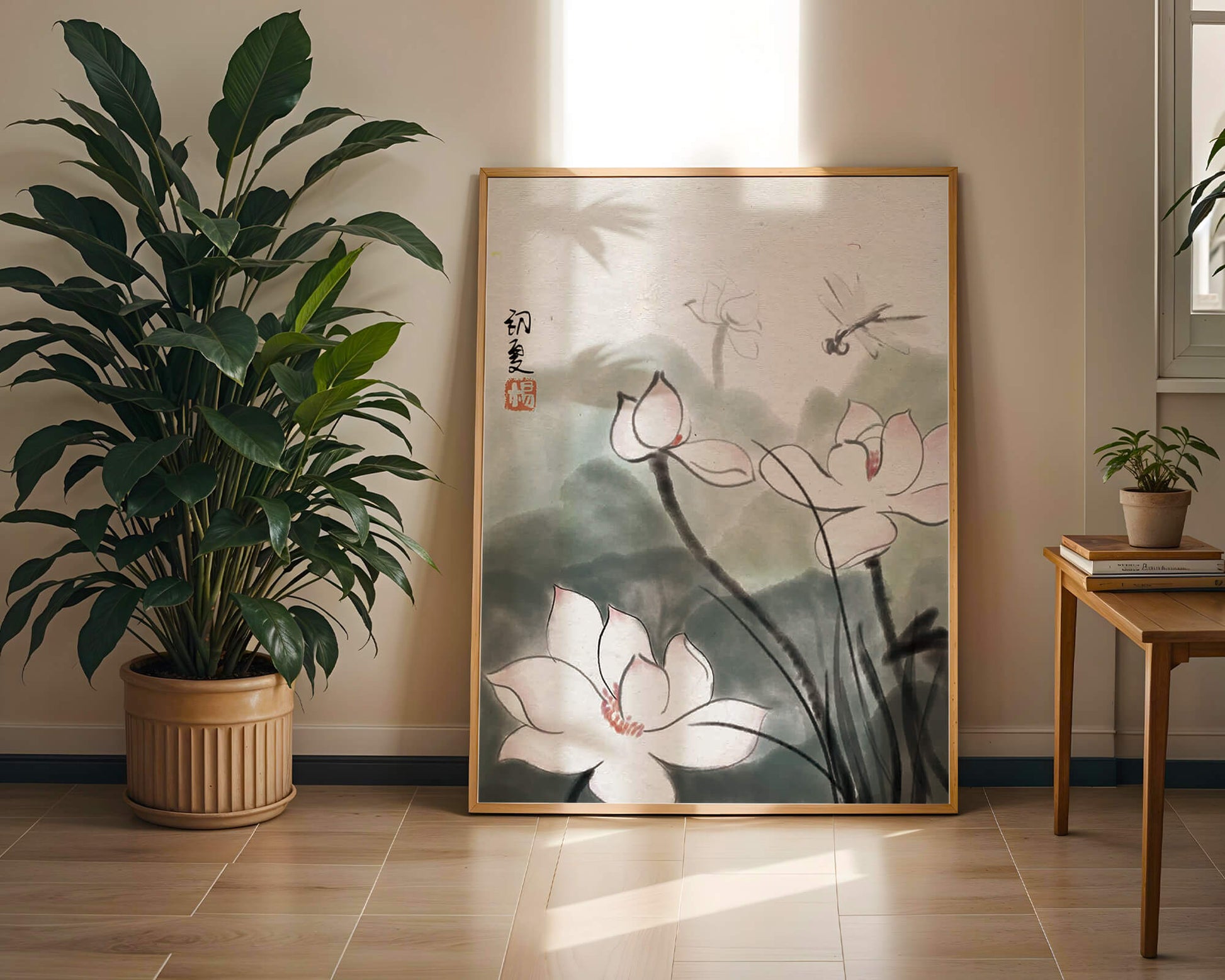 Delicate watercolor of lotus flowers with dragonfly in serene atmosphere