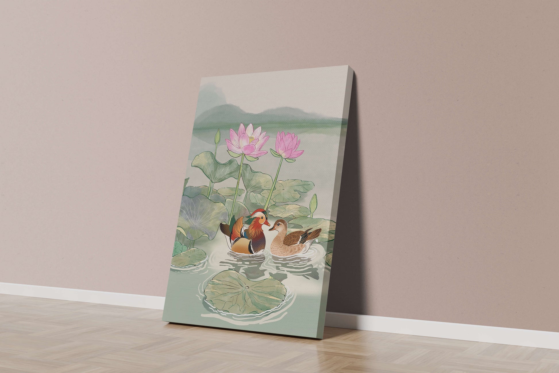 Patos mandarines y flores de loto en un estanque tranquilo