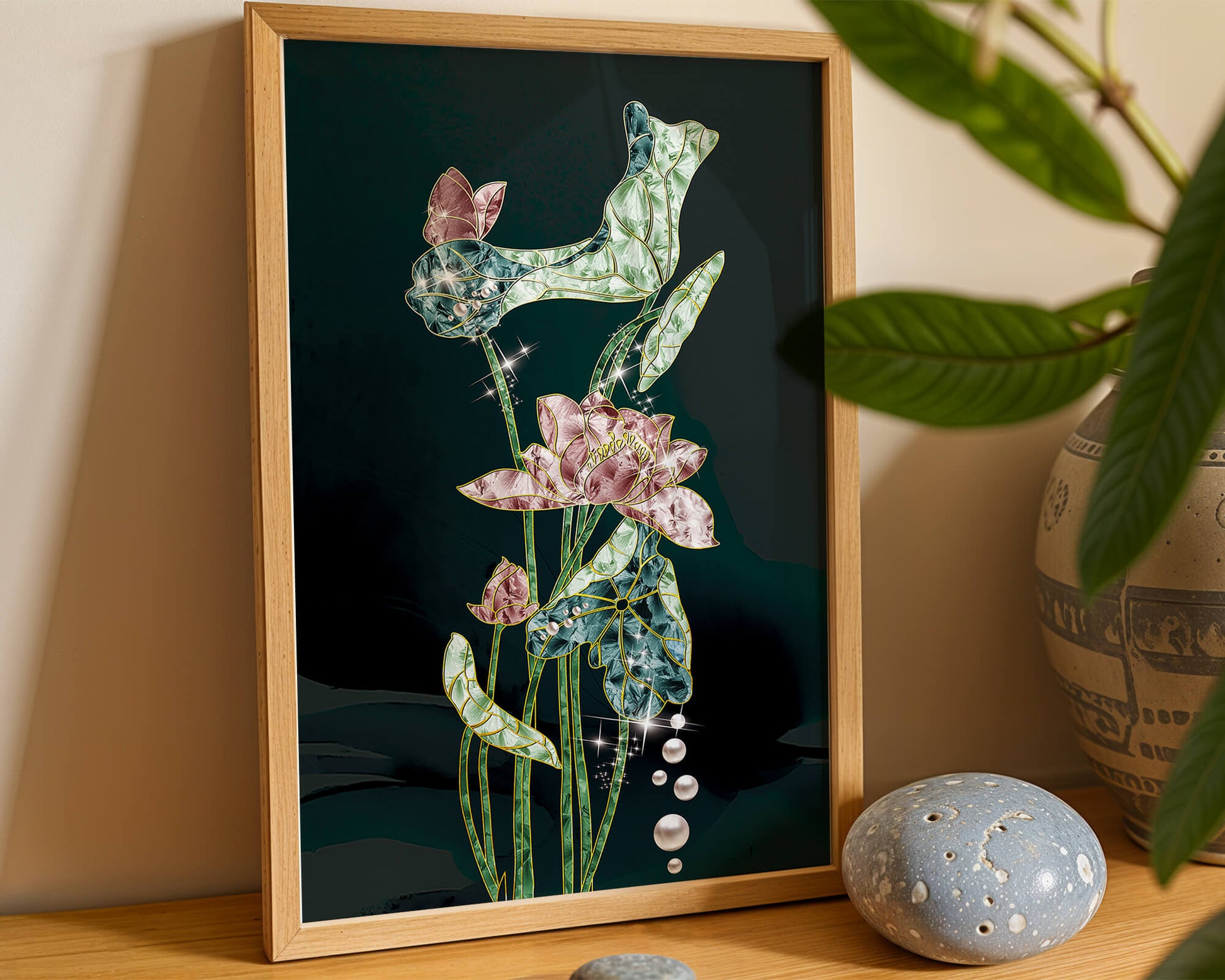 Floral Lotus Design with Gold Accents and Dew Drops