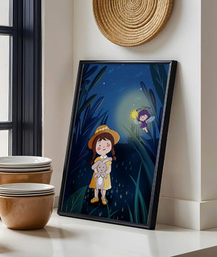 Ilustración de una chica en un bosque con una luciérnaga mágica por la noche
