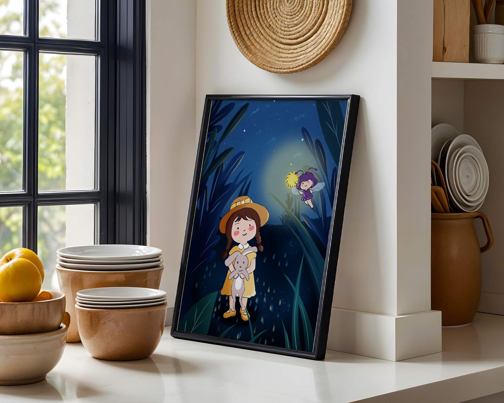 Ilustración de una chica en un bosque con una luciérnaga mágica por la noche